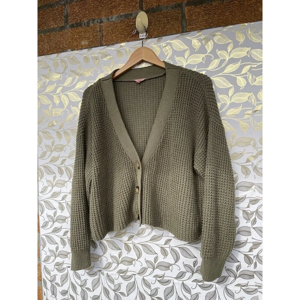 Eberjey Sage Green Waffle Knit Cardigan | Recycled Cotton Chunky Sweater M